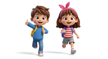 Happy kids running to school with backpacks