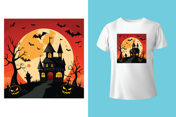 Spooky vibes halloween typography with haunted house and ghost