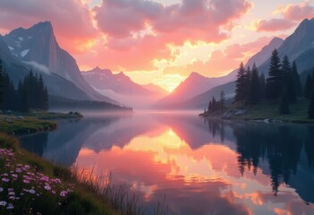 stunning sunrise serene mountain lake reflection tranquil waters nature landscape scenic peaceful dawn vista, sky, clouds, morning, calm, pond, flora, forest