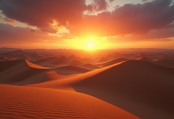 stunning sunset over cascading sand dunes dramatic sky warm glow desert landscape, wilderness, horizon, twilight, evening, light, textures, reflection