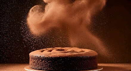 A chocolate cake on a white plate with cocoa powder being sprinkled over it against a dark brown background AI Generated