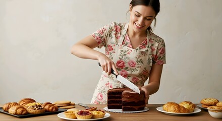 A woman in a floral apron slices a chocolate cake surrounded by various pastries on a wooden table. AI Generated