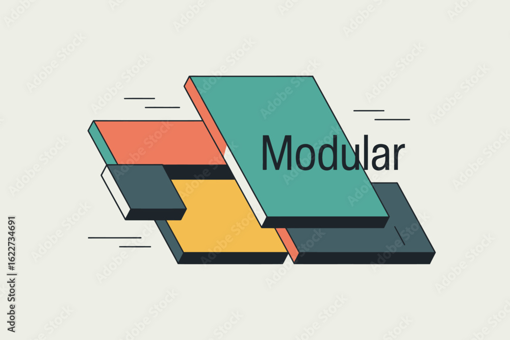Aufkleber illustration of a modular design concept with overlapping colorful geometric shapes and motion lines