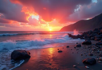 stunning sunset over rocky shoreline vibrant ocean view dramatic colors tranquil scenic landscape nature beauty, rocks, water, silhouette, cloud, horizon