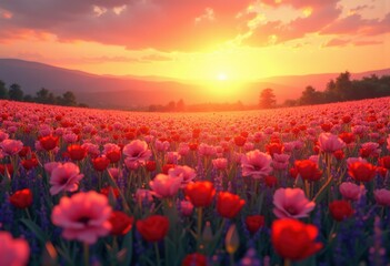 stunning sunset over vibrant flower fields colorful landscape floral bliss painterly hue beauty, nature, petal, bloom, meadow, sky, clouds, horizon, spring