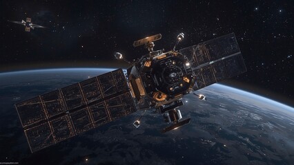 Autonomous deep space data relay satellite orbiting planet transmitting glowing beams across cosmic background with precision AI control