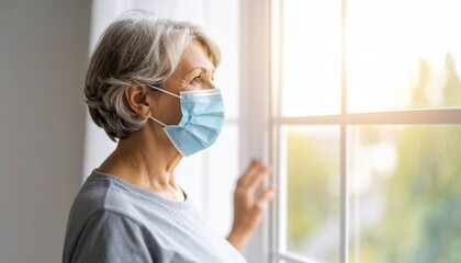 Contemplative Senior Woman Wearing a Face Mask Gazing Out the Window