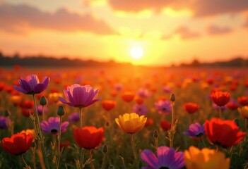 stunning sunset over vibrant wildflower field colorful flowers nature beauty scenic horizon, rainbow, lgbtq, lgbt, pride, love, equality, landscape, sky, evening