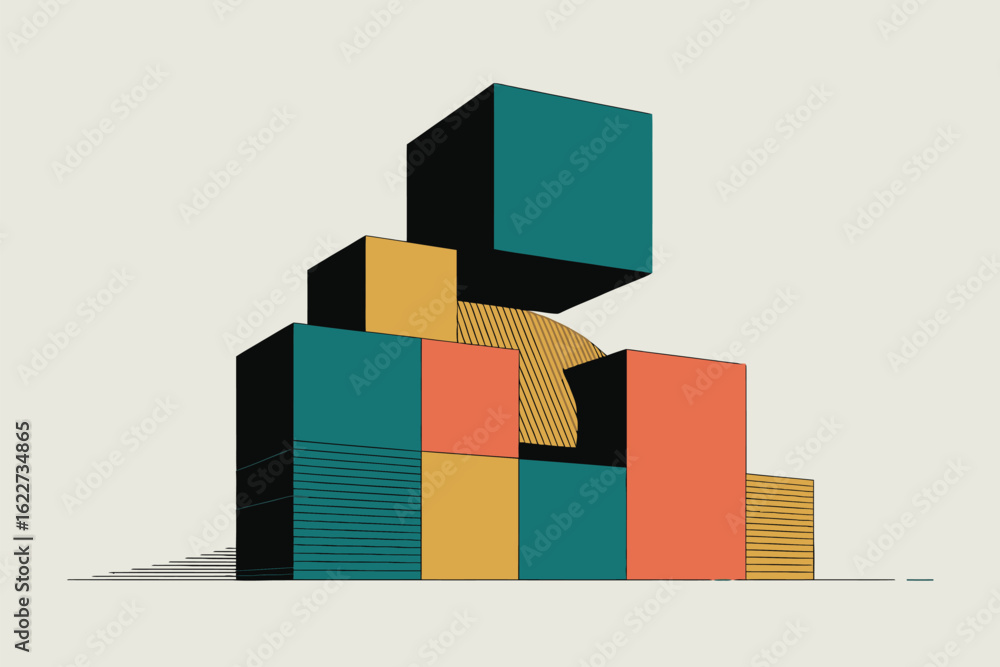Poster colorful cubes and a semi circle arranged in a stack formation on a light background with line detai