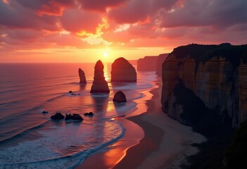 stunning sunset silhouette over rugged cliffside beach dramatic horizon serene waves, rocky, coastline, ocean, landscape, shore, sea, twilight, reflection