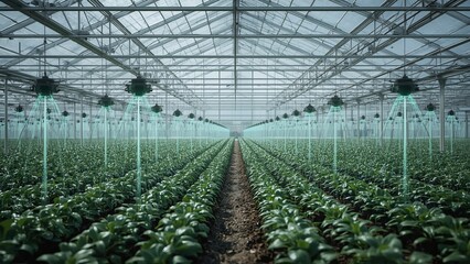 Smart AI irrigation system deploying glowing water streams to crop roots inside glass greenhouse minimal environment with no humans