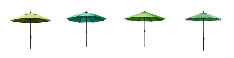 Four outdoor patio umbrellas displayed in various shades of green and teal transparent background