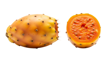 Prickly Pear Duo Whole and Halved Exotic Fruit with Visible Seeds and Spines.