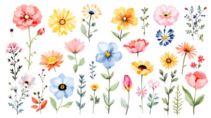 Set watercolor flowers and butterflies