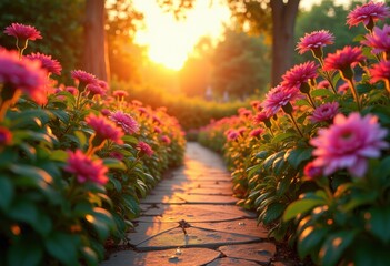 stunning vibrant flowering garden pathway sunset illuminated colorful blooms lush greenery, flowers, nature, landscape, scenery, floral, blossom, park, meadow