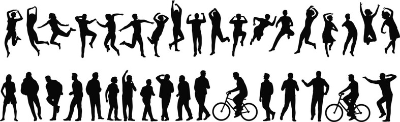 Silhouettes of people walking, jumping, dancing, biking, standing, perfect for design, animation, motion graphics, and urban lifestyle concepts