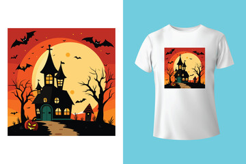 Spooky vibes halloween typography with haunted house and ghost