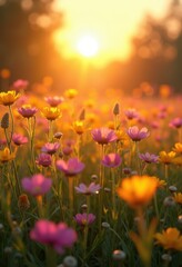 sun kissed wildflower meadows sunrise radiating warmth beauty blooming colors, sunlight, grass, field, landscape, spring, flora, scenery, tranquil