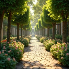 stylish urban park pathways surrounded lush vibrant inviting sheltered nooks flourishing plant life, greenery, nature, landscape, scenic, vegetation, trails