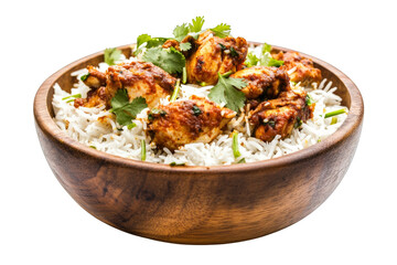 Delicious chicken biryani served in a wooden bowl with fresh cilantro
