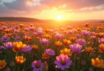 sunset lit vibrant wildflower fields colorful blossom nature scenery blooming landscape serenity, meadow, flora, glow, sky, dusk, eve, hue, tranquility