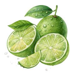 Fresh limes with leaves and water droplets isolated on transparent background