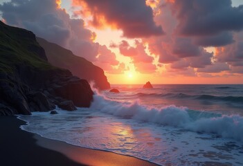 sunset over rugged rocky coastline crashing waves dramatic cloudscape, nature, landscape, ocean, sea, sky, view, water, shore, beach, tide, bluff, horizon