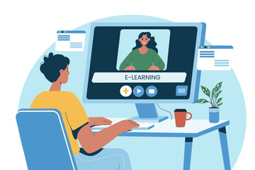 Students are talking to each other on the monitor screen. Video conference, webinar, study online from home. Vector illustration