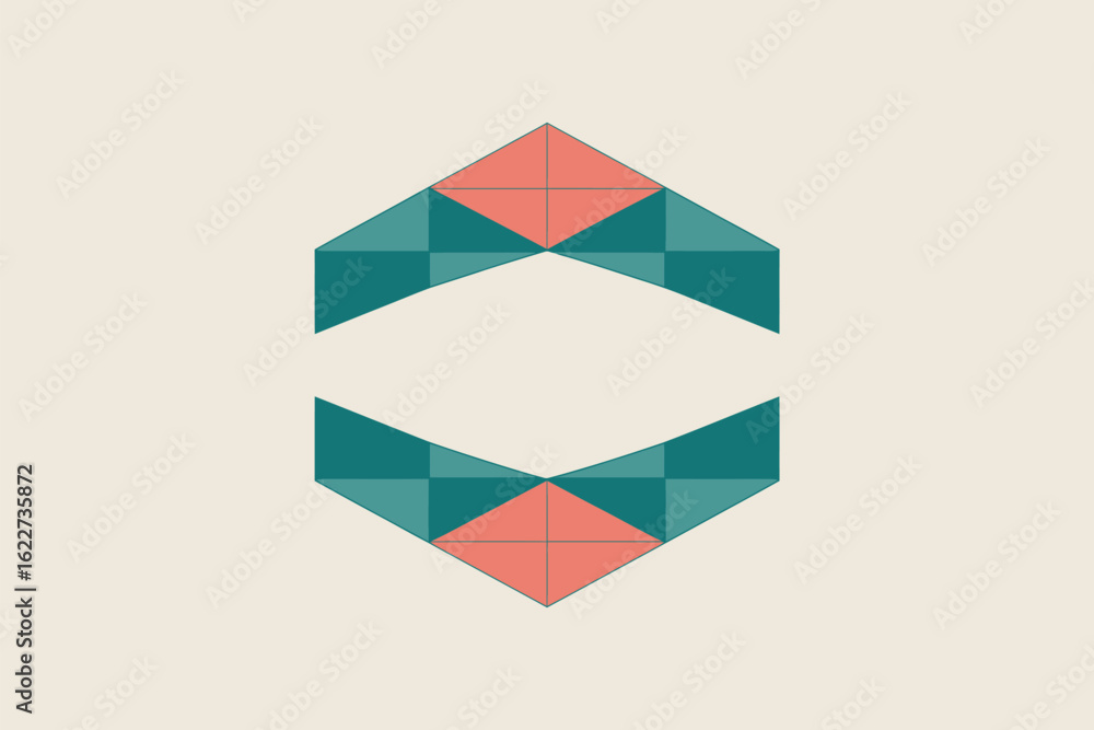 Poster geometric design featuring teal and coral triangles arranged in a symmetrical abstract pattern on be