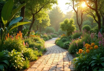 sustainable pathway lush garden eco friendly design flourishing nature greenery path scenic walkway, landscape, flora, vegetation, scenery, bloom, growth