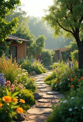 sustainable garden design lush biodiversity flourishing ecosystem vibrant flora eco friendly landscape greenery, nature, plants, flowers, trees, vegetation
