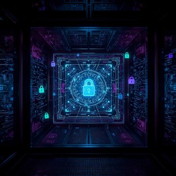 Immersive AI quantum encryption chamber with holographic lock visuals and glowing keycode matrix in high security tech environment