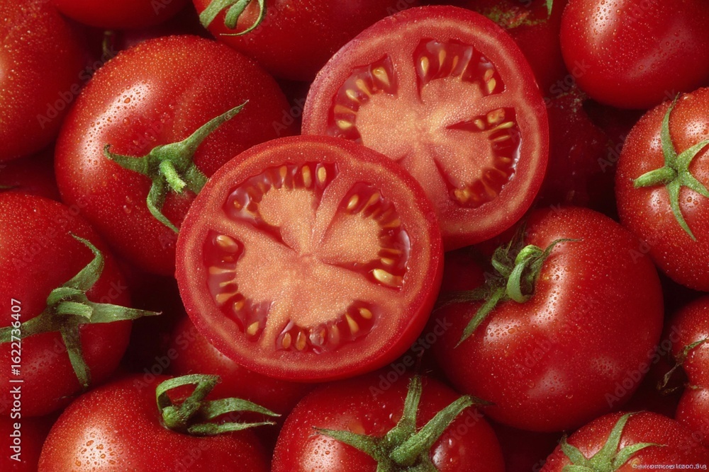 Poster freshly sliced red tomatoes surrounded by whole tomatoes in a colorful display
