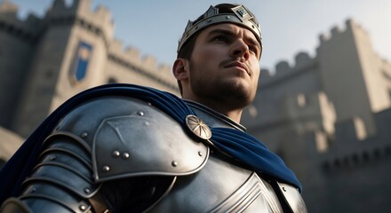 Noble king in shining armor before the castle. Perfect for medieval fantasy themes, historical reenactments, leadership concepts. Royalty stock photo, leadership concept.