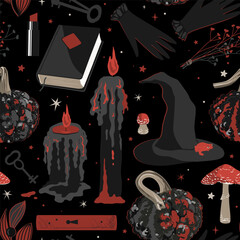 Spooky and dark Halloween seamless pattern with black and red candles, warty pumpkins, witch hat and gloves, witchcraft books and amanita mushrooms. Scary Halloween background clip art