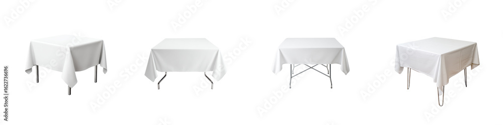 Aufkleber four square tables draped with white tablecloths isolate clean empty fabric