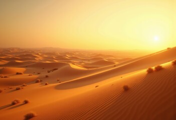 vast desert dunes bathed golden sunrise light exquisite wavy textures evokingtranquility beauty, sand, landscape, sky, nature, earth, morning, horizon