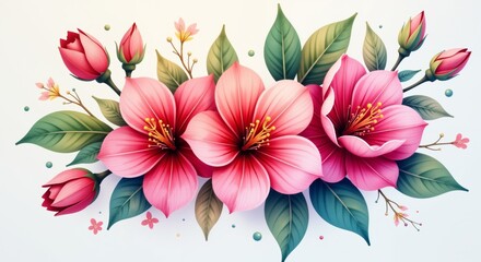 Beautiful pink hibiscus flowers with green leaves. Perfect tropical floral illustration for wedding invitations, greeting cards, and decorative design projects.