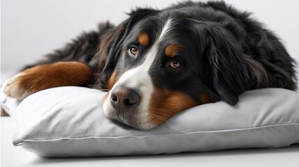 Bernese mountain dog resting head on pillow looking peaceful and serene