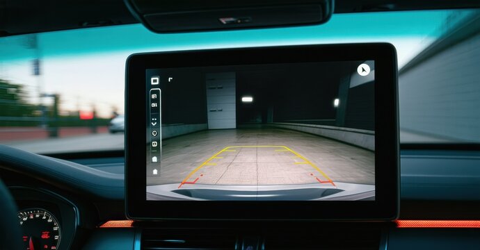 Vehicle interior displays reversing camera view. Parking assistance lines visible over pavement. Modern dashboard features prominent screen.