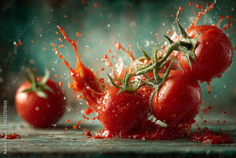 Poster fresh tomatoes splashing in water create a vibrant display of color and motion on a rustic wooden su