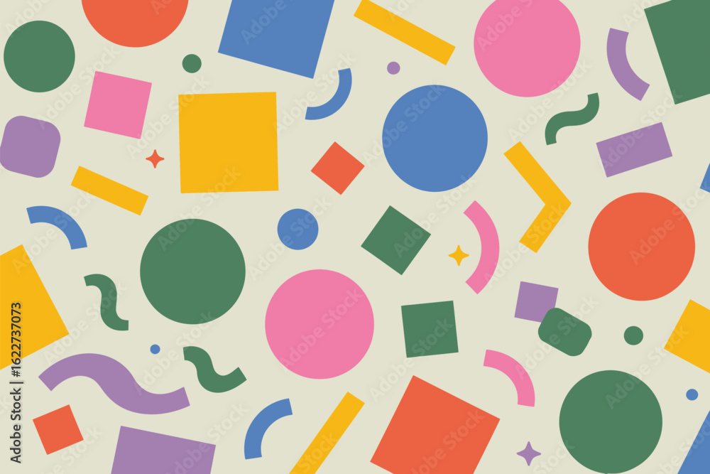 Poster a pattern of colorful geometric shapes including circles squares and curves on a light background de