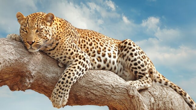 A leopard resting on a tree branch against a partly cloudy sky.