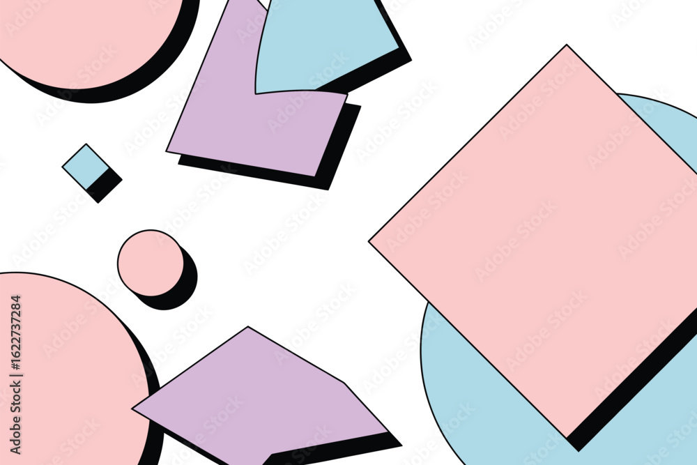 Poster a pastel geometric pattern with circles squares and trapezoids on a white background with black shad