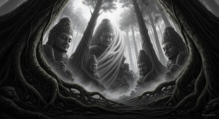 A mystical forest scene with ancient Buddha statues surrounded by thick roots and fog. The atmosphere is eerie, perfect for Halloween themes.