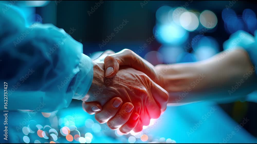 Poster close-up handshake between surgeons over an illuminated operating table with surgical instruments, s