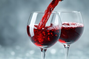 Pouring rich red wine into elegant glasses with bubbles and reflections in a stylish setting