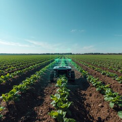 AI driven futuristic autonomous agricultural robot planting and monitoring crops with glowing sensors in expansive farmland under blue sky