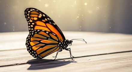 Obraz premium Monarch Butterfly basking in the soft Sunlight on a wooden surface, macro photography