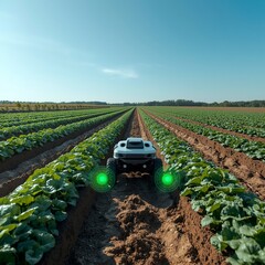 AI driven futuristic autonomous agricultural robot planting and monitoring crops with glowing sensors in expansive farmland under blue sky